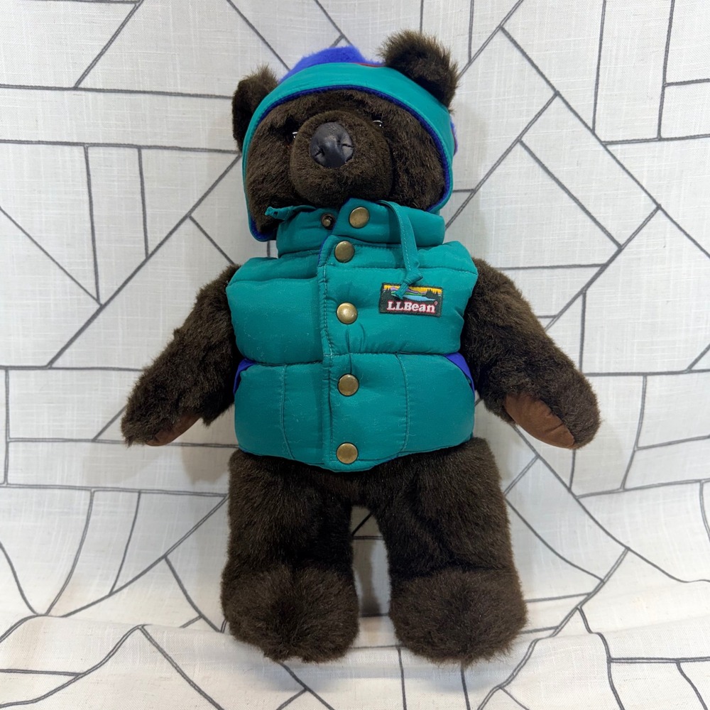 L.L. Bean Douglas Teddy Bear 16in Brown Plush Teal Puffer Vest Vintage Hat
